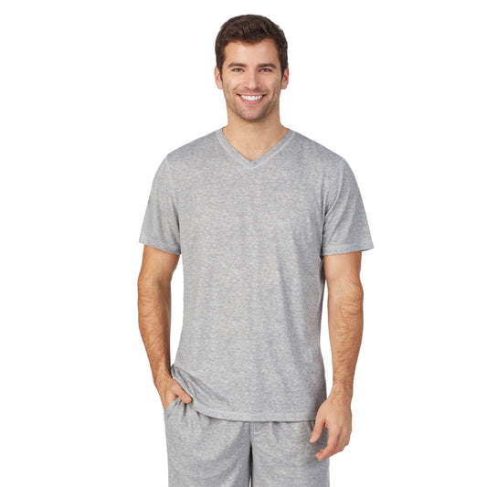 Grey Heather;Model is wearing size M. He is 6'1", Waist 31", Inseam 33"@ A lady wearingMens Far-Infrared Enhance Sleep Short Sleeve V-Neck Top with Grey Heather print