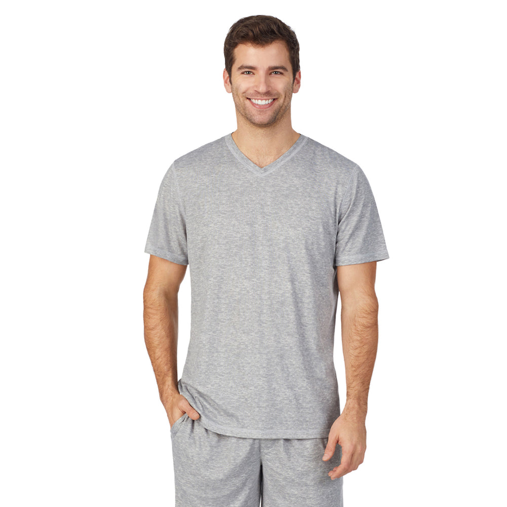 A lady wearingMens Far-Infrared Enhance Sleep Short Sleeve V-Neck Top with Grey Heather print