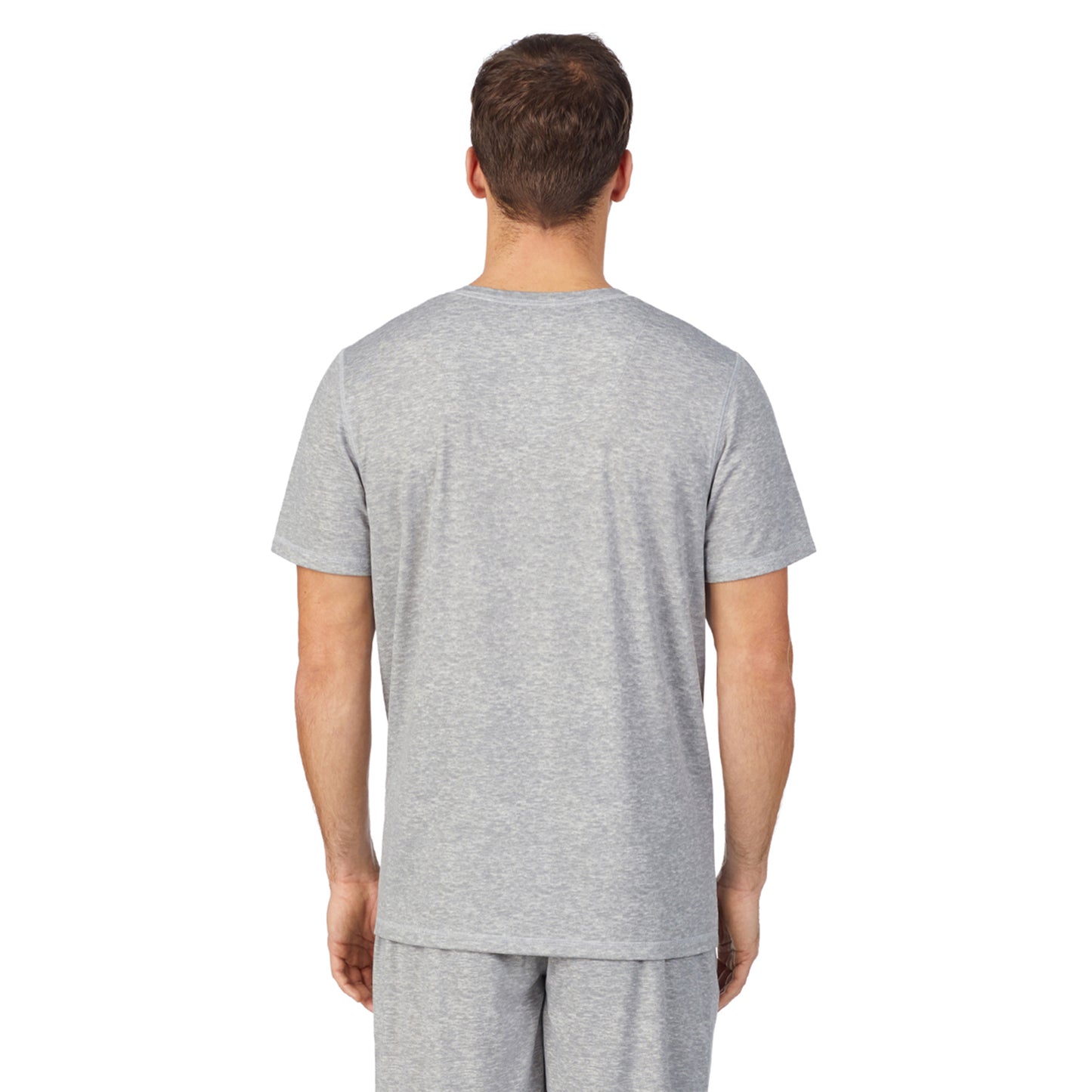 Grey Heather;Model is wearing size M. He is 6'1", Waist 31", Inseam 33"@ A lady wearingMens Far-Infrared Enhance Sleep Short Sleeve V-Neck Top with Grey Heather print