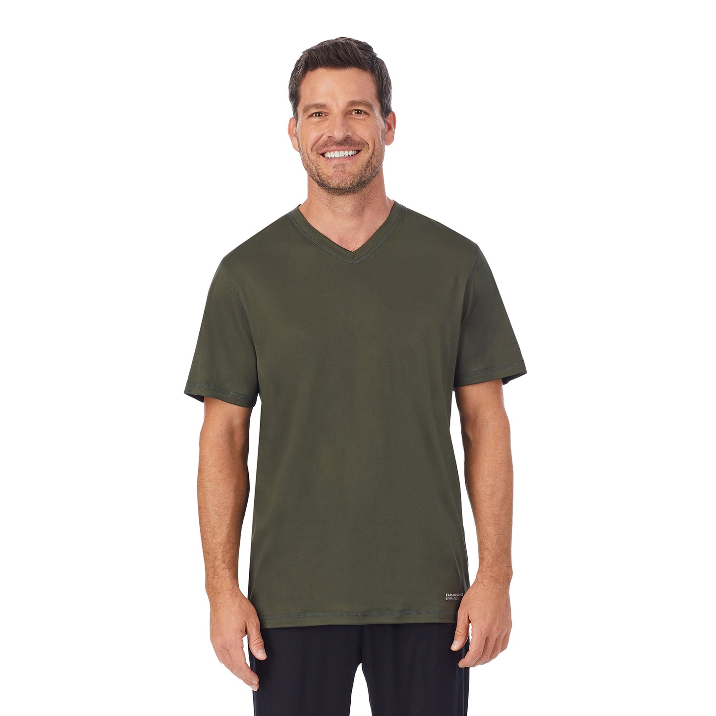 Olive;Model is wearing size M. He is 6'1", Waist 31", Inseam 33"@ A lady wearingMens Far-Infrared Enhance Sleep Short Sleeve V-Neck Top with Olive print