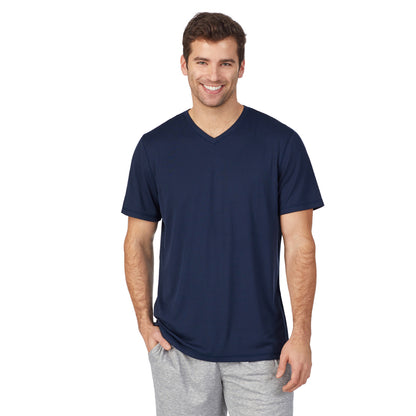 Navy;Model is wearing size M. He is 6'1", Waist 31", Inseam 33"@ A lady wearingMens Far-Infrared Enhance Sleep Short Sleeve V-Neck Top with Navy print