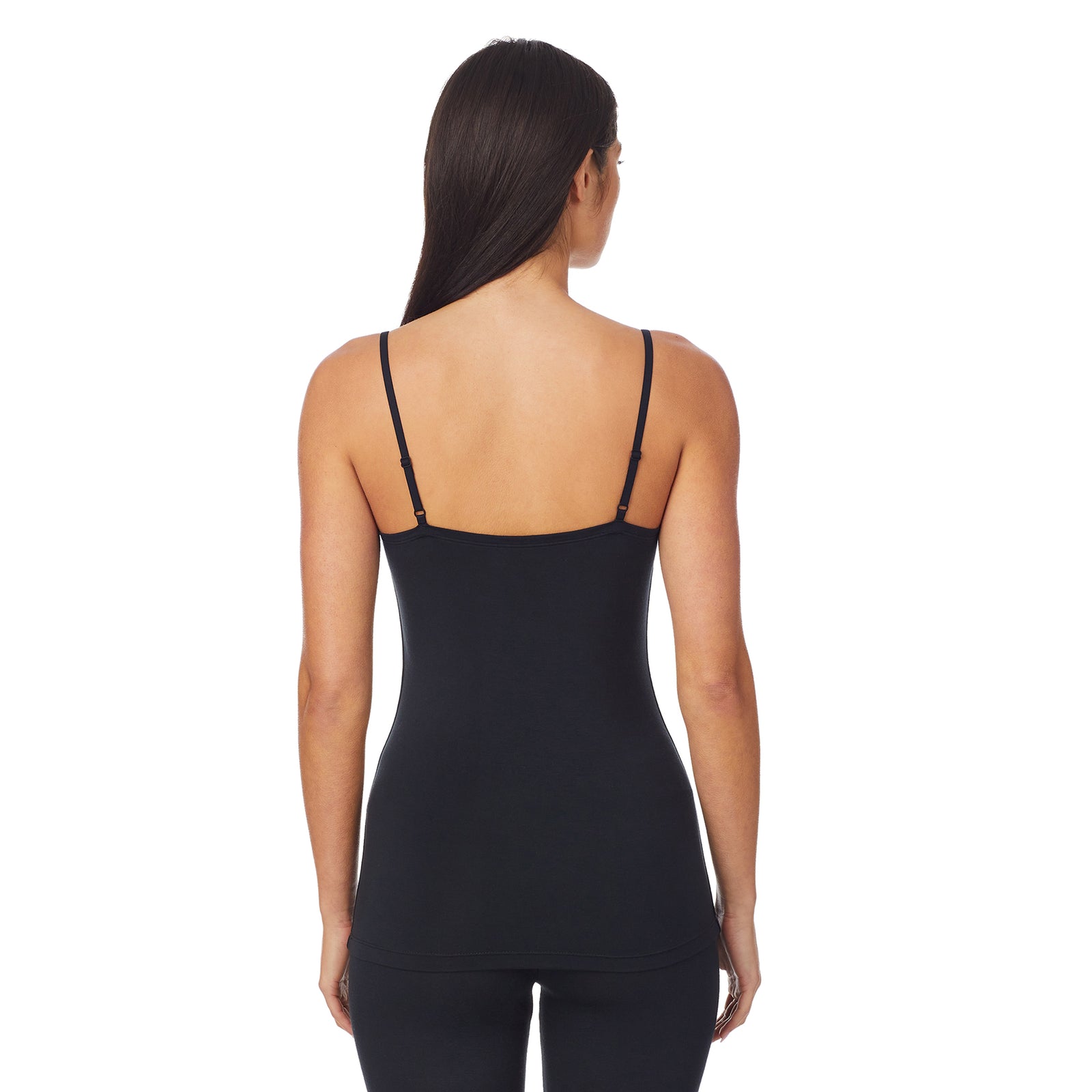 Black; Model is wearing size S. She is 5'8.5", Bust 32", Waist 25", Hips 36". @A lady wearing a black  cami.