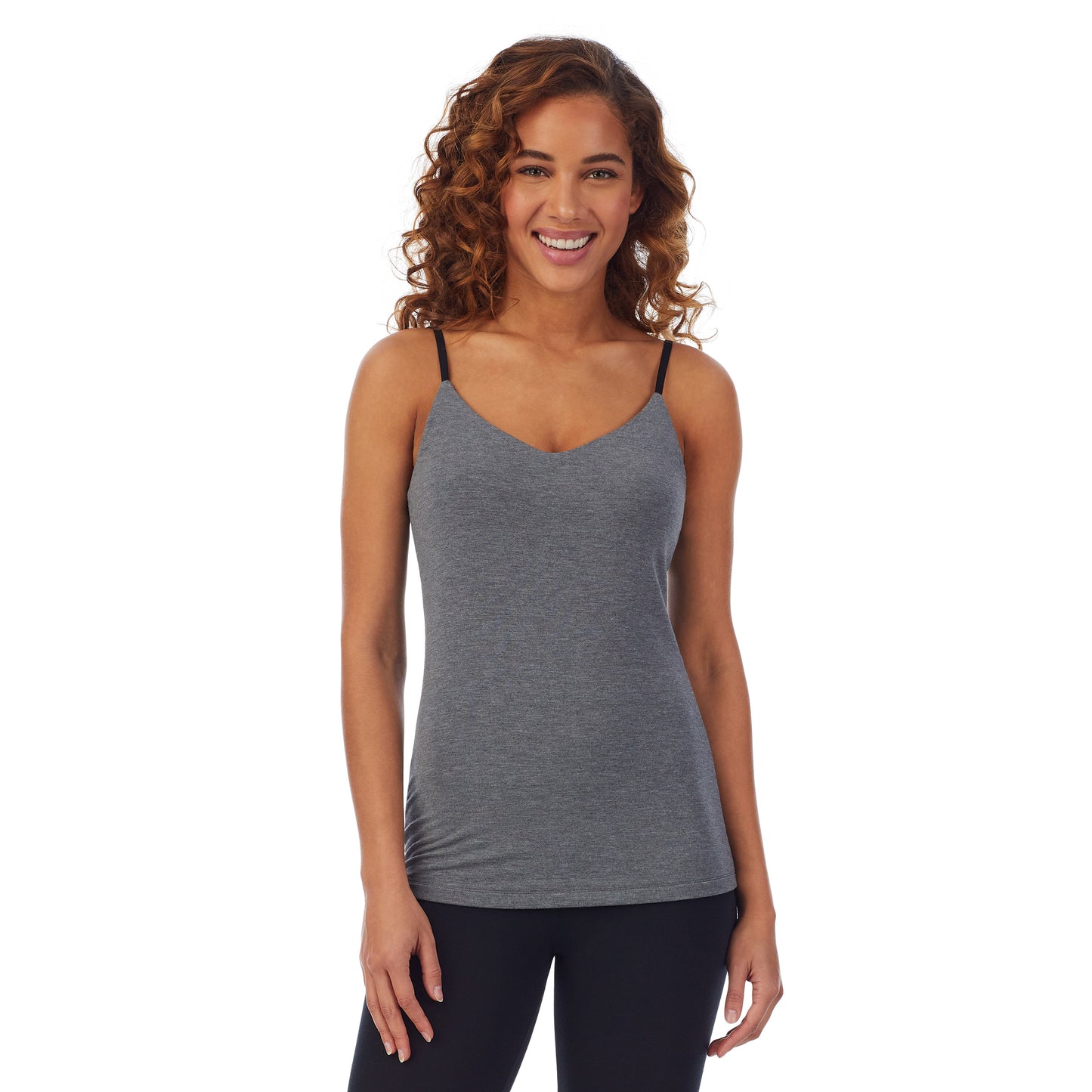 Charcoal Heather; Model is wearing size S. She is 5’9”, Bust 34”, Waist 23”, Hips 35”. @A lady wearing a charcoal heather cami.