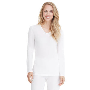 A lady wearing Softwear Lace Edge Long Sleeve V-Neck in White  
