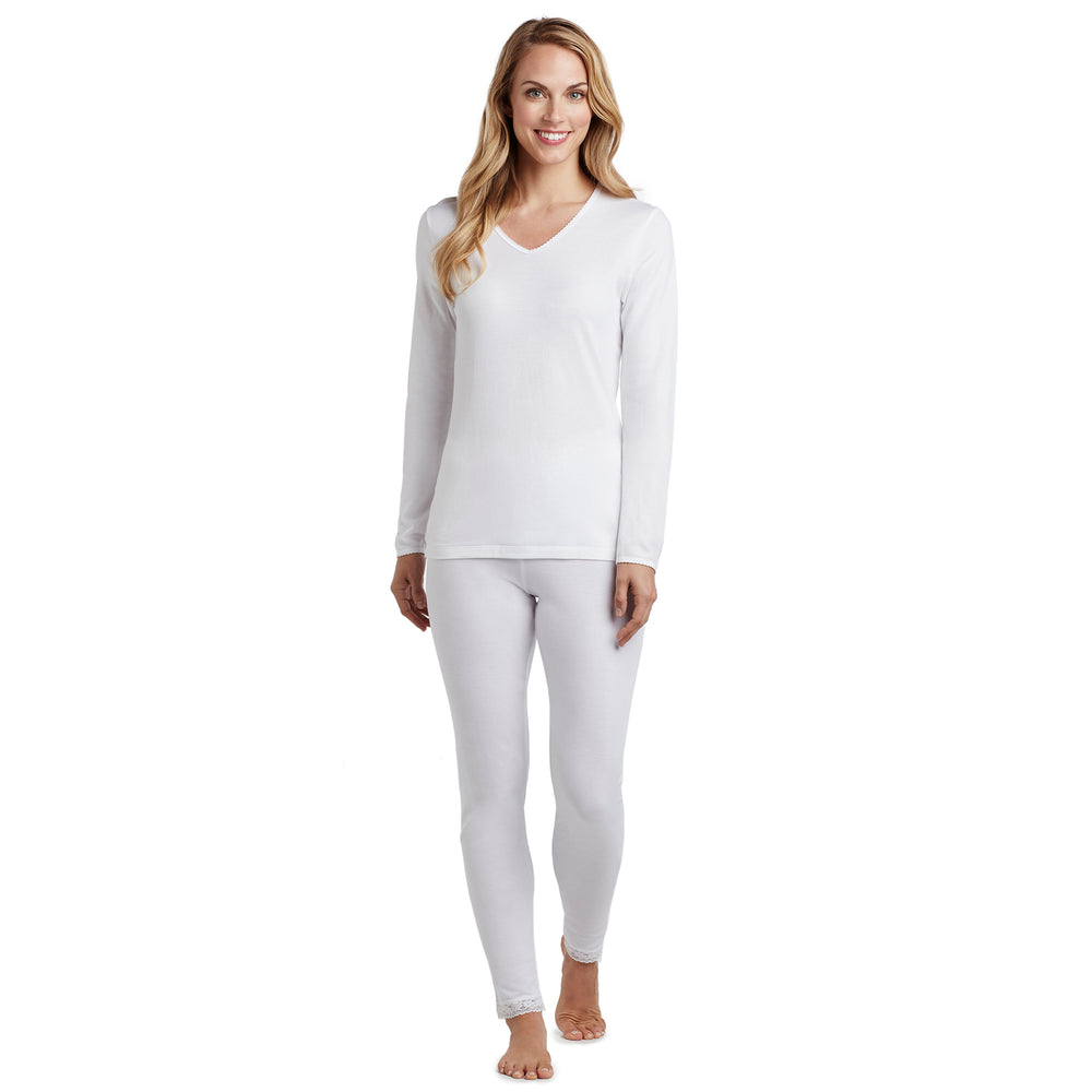 A lady wearing Softwear Lace Edge Long Sleeve V-Neck in White side view side view