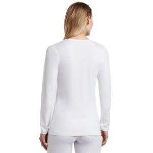 A lady wearing Softwear Lace Edge Long Sleeve V-Neck in White back view back view
