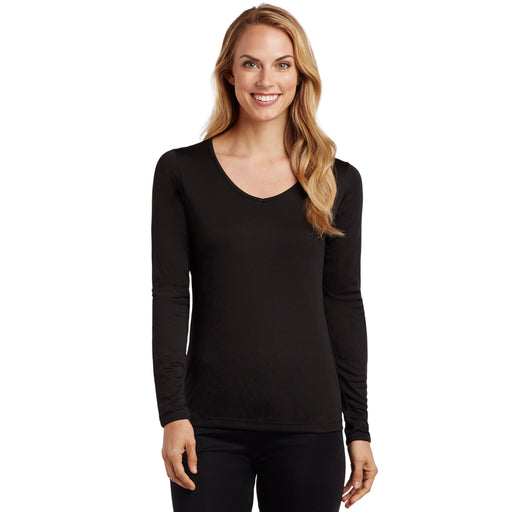 upper body of A lady wearing black long sleeve v-neck top