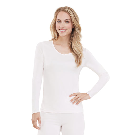 White; Model is wearing size S. She is 5’9”, Bust 32”, Waist 25.5”, Hips 36”.@upper body of A lady wearing white long sleeve v-neck top