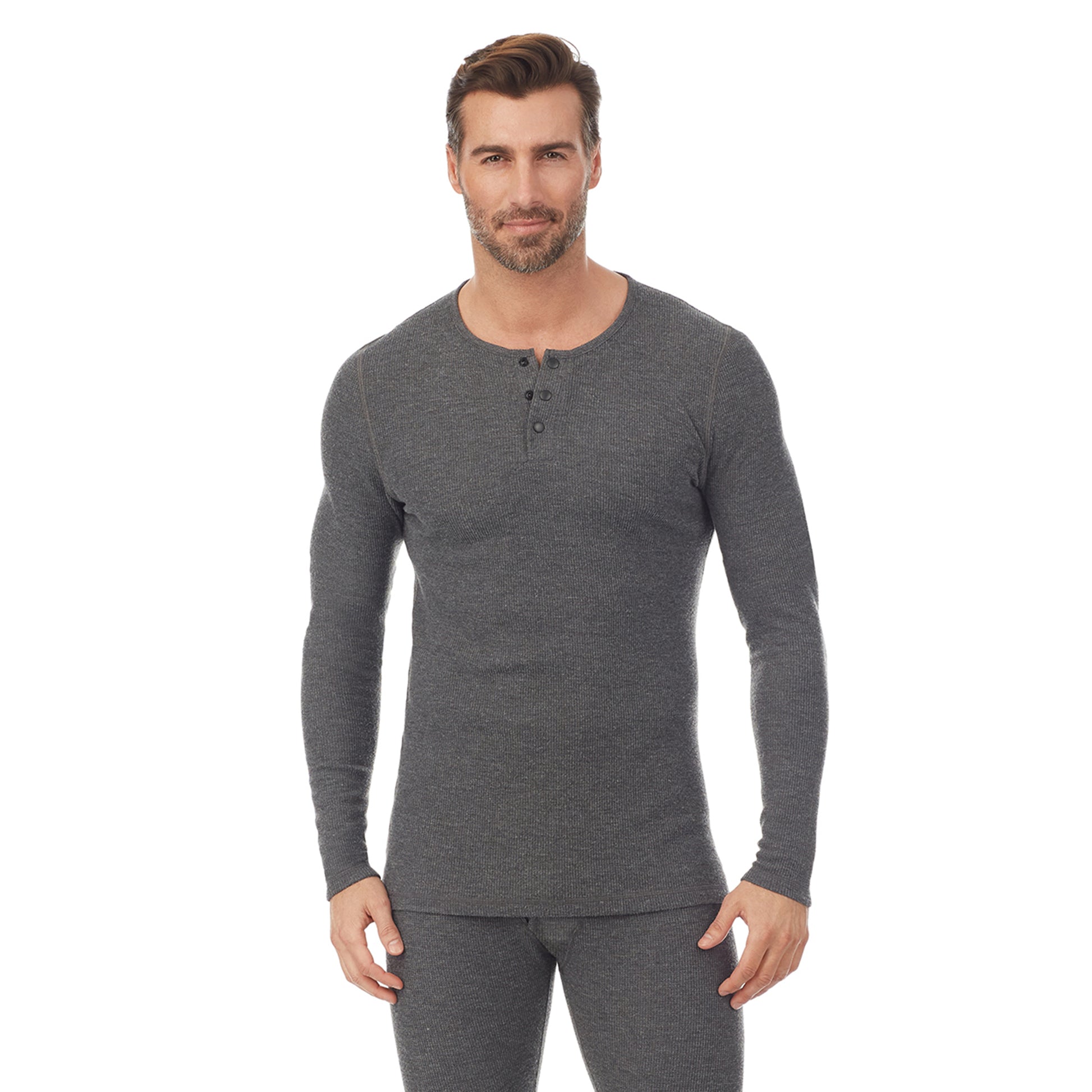 Charcoal Heather; Model is wearing size M. He is 6'1", Waist 32", Inseam 32". @A man wearing a charcoal heather long sleeve henley t-shirt.