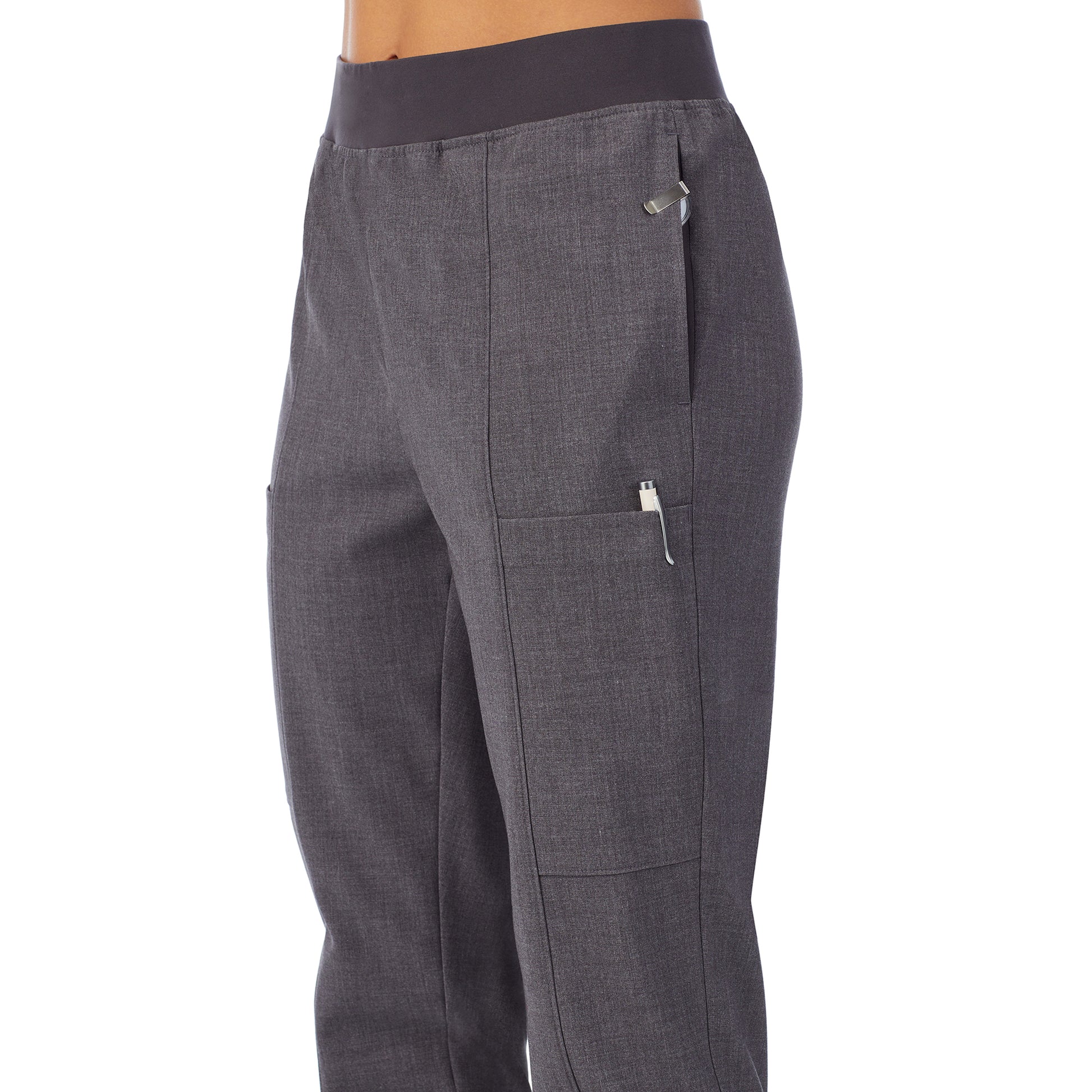 Charcoal Heather; Model is wearing size S. She is 5’9”, Bust 34”, Waist 25”, Hips 35”.@ Womens scrub slim grey cargo pant