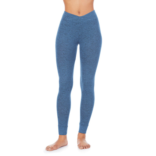 A lady wearing blue softknit legging