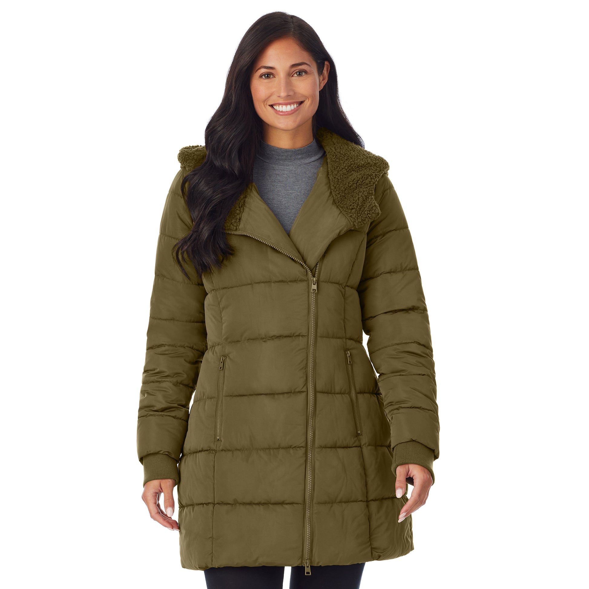 Rich Olive; Model is wearing size S. She is 5'8.5", Bust 32", Waist 25", Hips 36".@upper body of a lady wearing olive long puffer coat