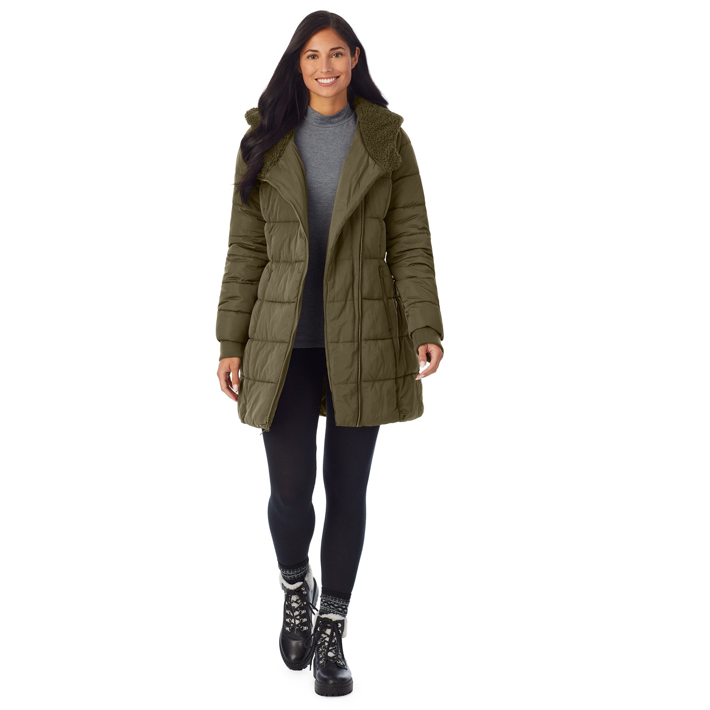 Rich Olive; Model is wearing size S. She is 5'8.5", Bust 32", Waist 25", Hips 36".@a lady wearing olive long puffer coat