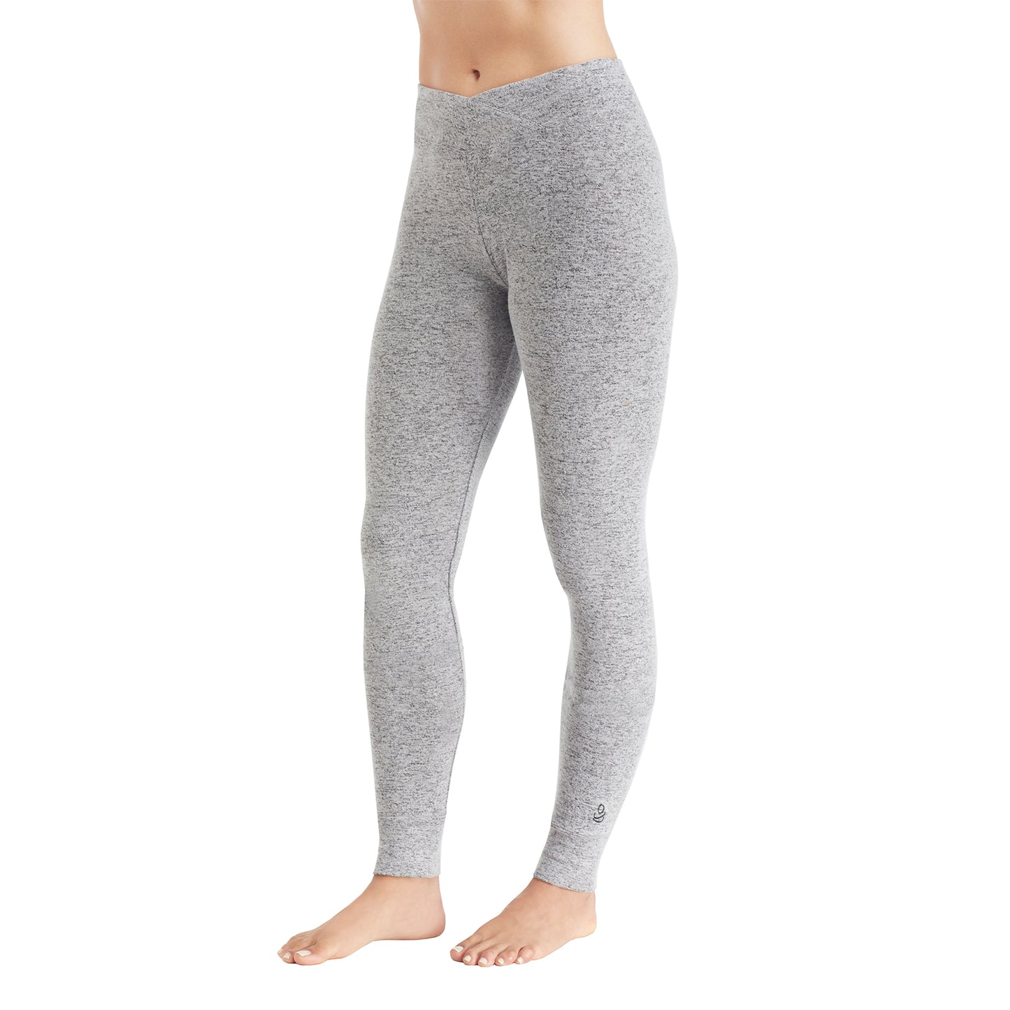 Marled Grey; Model is wearing size S. She is 5’9”, Bust 32”, Waist 25.5”, Hips 36”. @A lady wearing a marled grey legging.