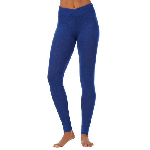 Marled Royal Blue; Model is wearing size S. She is 5’9”, Bust 32”, Waist 25.5”, Hips 36”. @A lady wearing a marled royal blue legging.