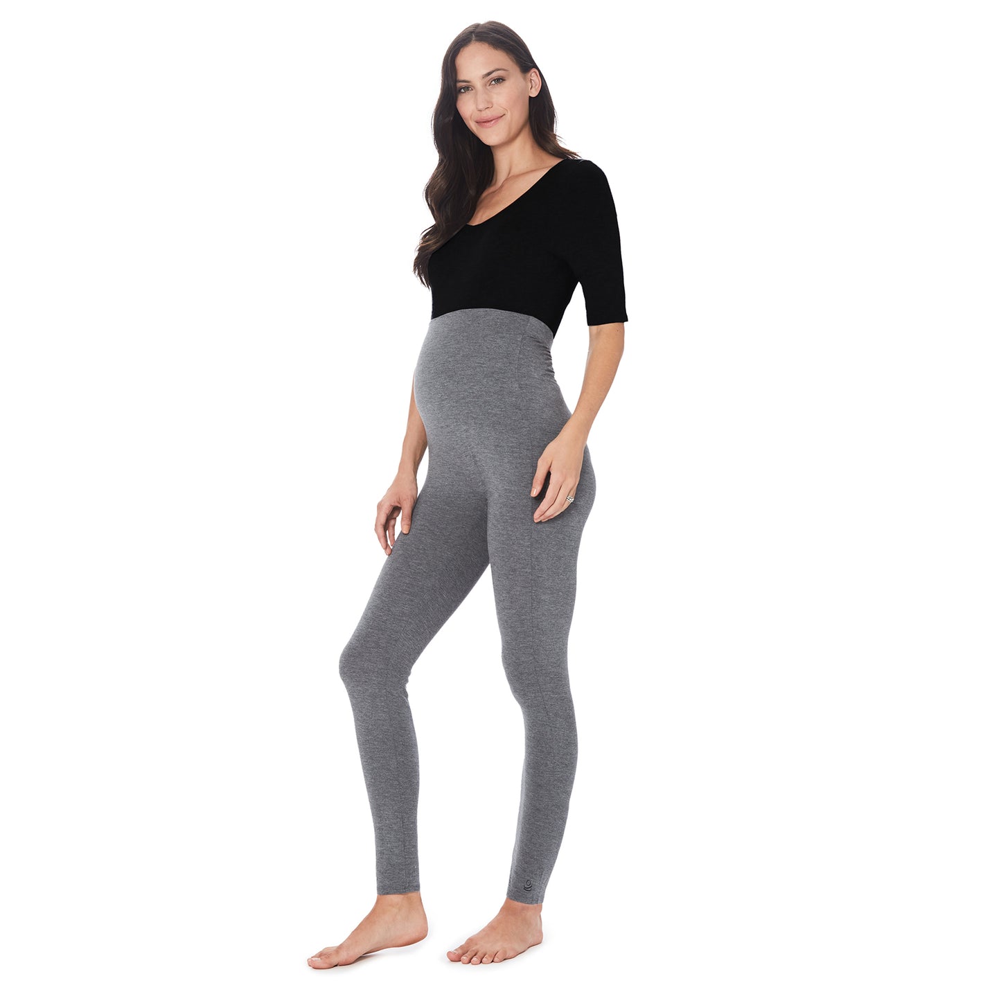  Charcoal Heather; Model is wearing size S. She is 5’11”, Bust 34”, Waist 25”, Hips 36.5”. @A lady wearing a charcoal heather maternity legging.  #Model is wearing a maternity bump.
