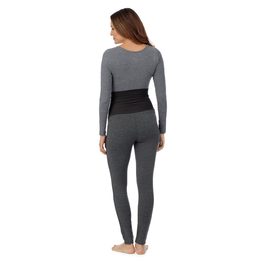 Charcoal Heather; Model is wearing a size S. She is 5’10”, Bust 34”, Waist 26”, Hips 36”. @A lady wearing a charcoal heather legging. #Model is wearing a maternity bump.