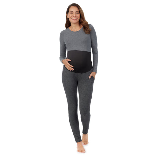 Charcoal Heather; Model is wearing a size S. She is 5’10”, Bust 34”, Waist 26”, Hips 36”. @A lady wearing a charcoal heather legging. #Model is wearing a maternity bump.