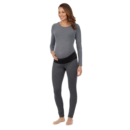 Charcoal Heather; Model is wearing a size S. She is 5’10”, Bust 34”, Waist 26”, Hips 36”. @A lady wearing a charcoal heather legging. #Model is wearing a maternity bump.