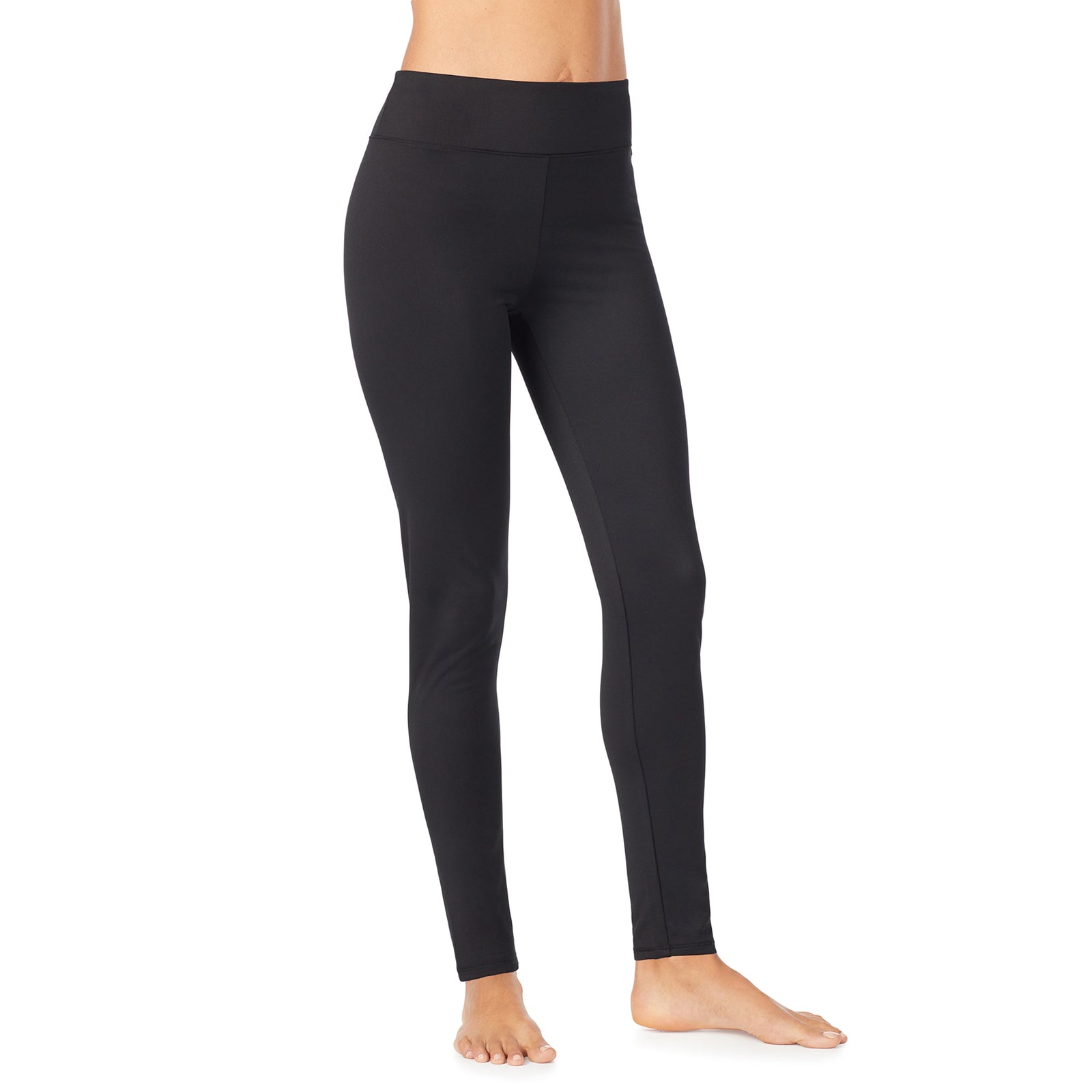Black; Model is wearing size S. She is 5’9”, Bust 32”, Waist 25”, Hips 35”. @A lady wearing a black high-waisted legging.