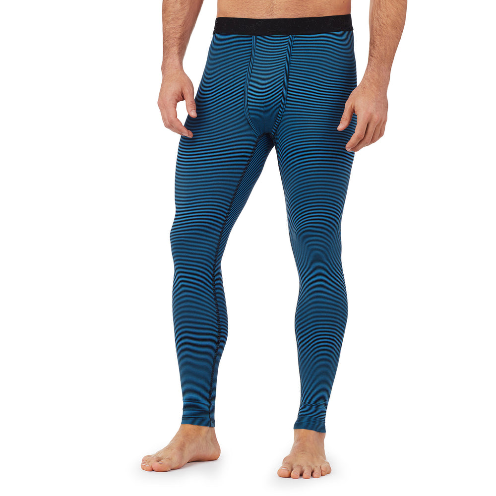 Lower body of a man wearing black and blue stripe climatesport pants  !88% Polyester, 12% Spandex!