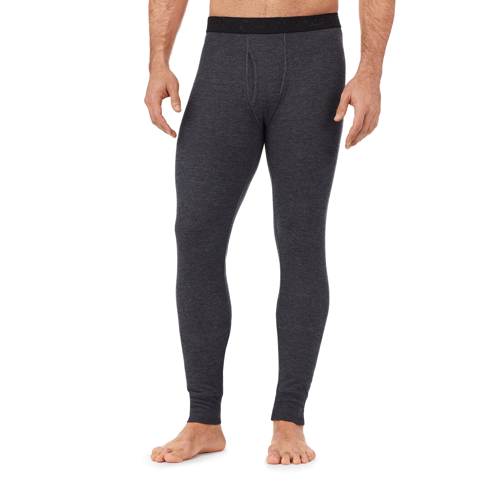 Black; Model is wearing size M. He is 6'1", Waist 31", Inseam 33". @A man wearing a black waffle thermal pant.
