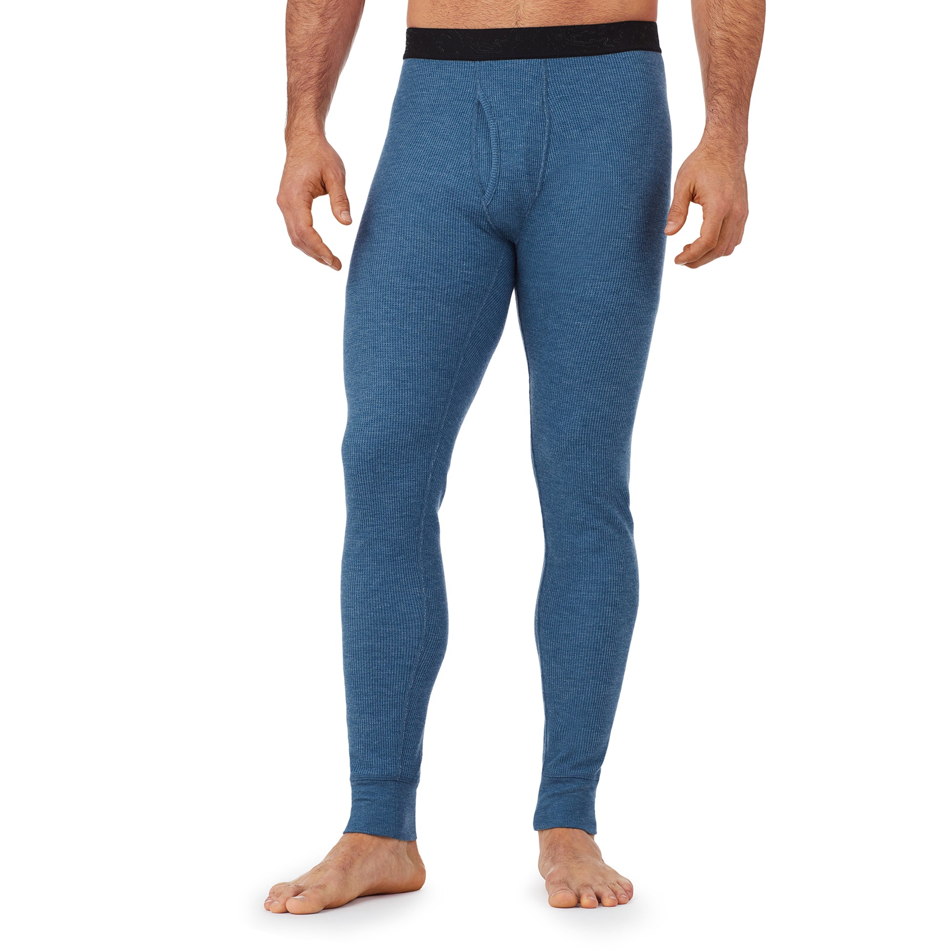 Blue Heather; Model is wearing size M. He is 6'1", Waist 31", Inseam 33". @A man wearing a blue heather waffle thermal pant.