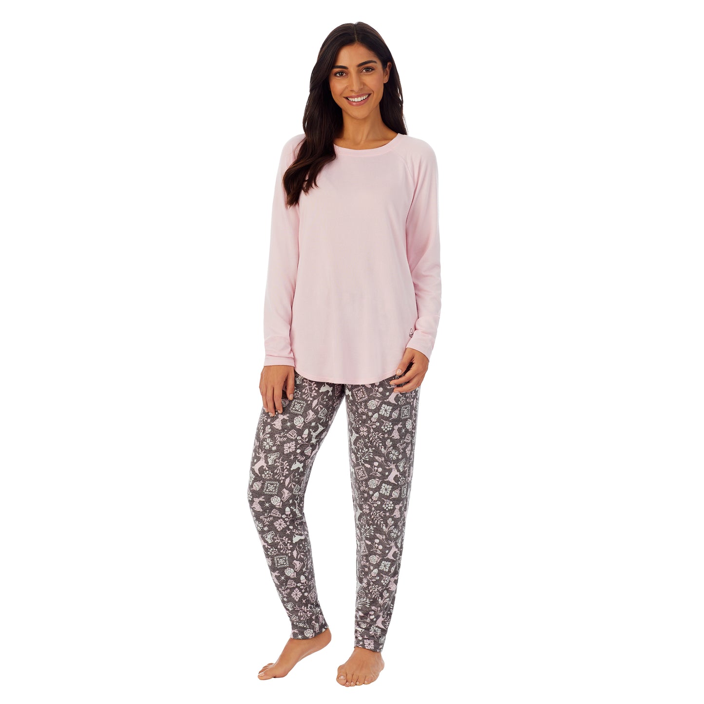 Grey Nordic; Model is wearing size S. She is 5’7”, Bust 32”, Waist 25”, Hips 35”.@A lady wearing pink long sleeve top and grey pajama set
