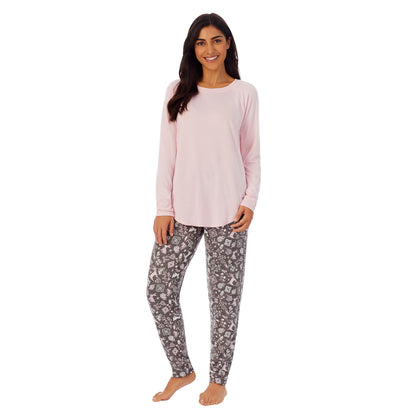 Grey Nordic; Model is wearing size S. She is 5’7”, Bust 32”, Waist 25”, Hips 35”.@A lady wearing pink long sleeve top and grey pajama set