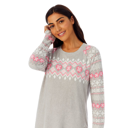 Grey Fairisle; Model is wearing size S. She is 5’7”, Bust 32”, Waist 25”, Hips 35”.@Upper body of a lady wearing grey long sleeve pajama set with white and pink print