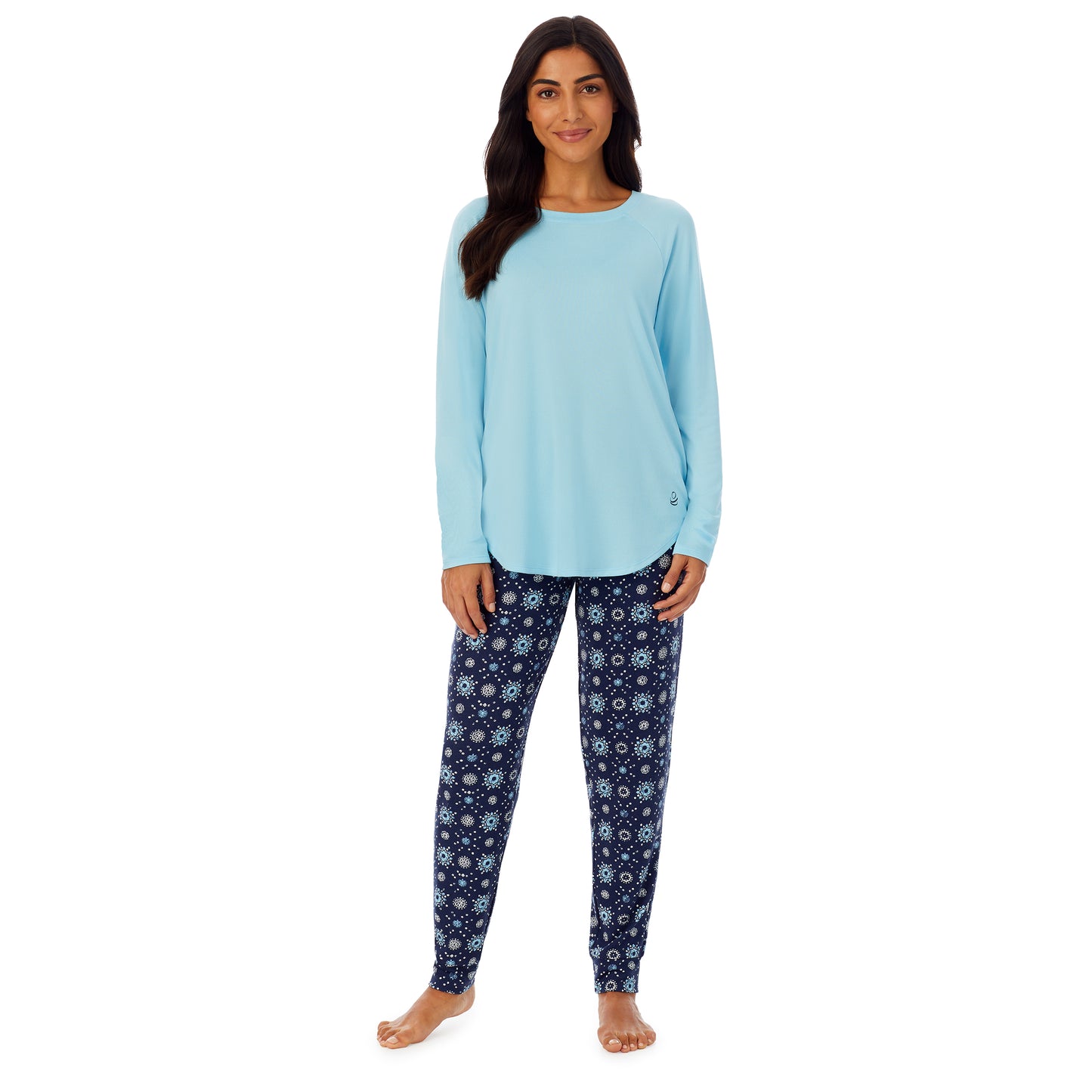 Navy Distressed Geo; Model is wearing size S. She is 5’7”, Bust 32”, Waist 25”, Hips 35”.@A lady wearing Blue long sleeve top and dark blue pajama set with white and blue print