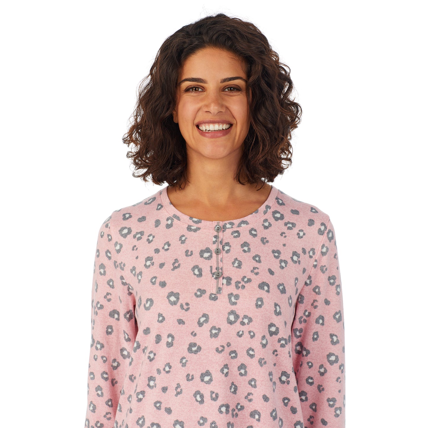 Pink Pop Animal; Model is wearing size S. She is 5’9”, Bust 32”, Waist 24”, Hips 34.5”. @A lady wearing a pink long sleeve pajama set with pop animal pattern.