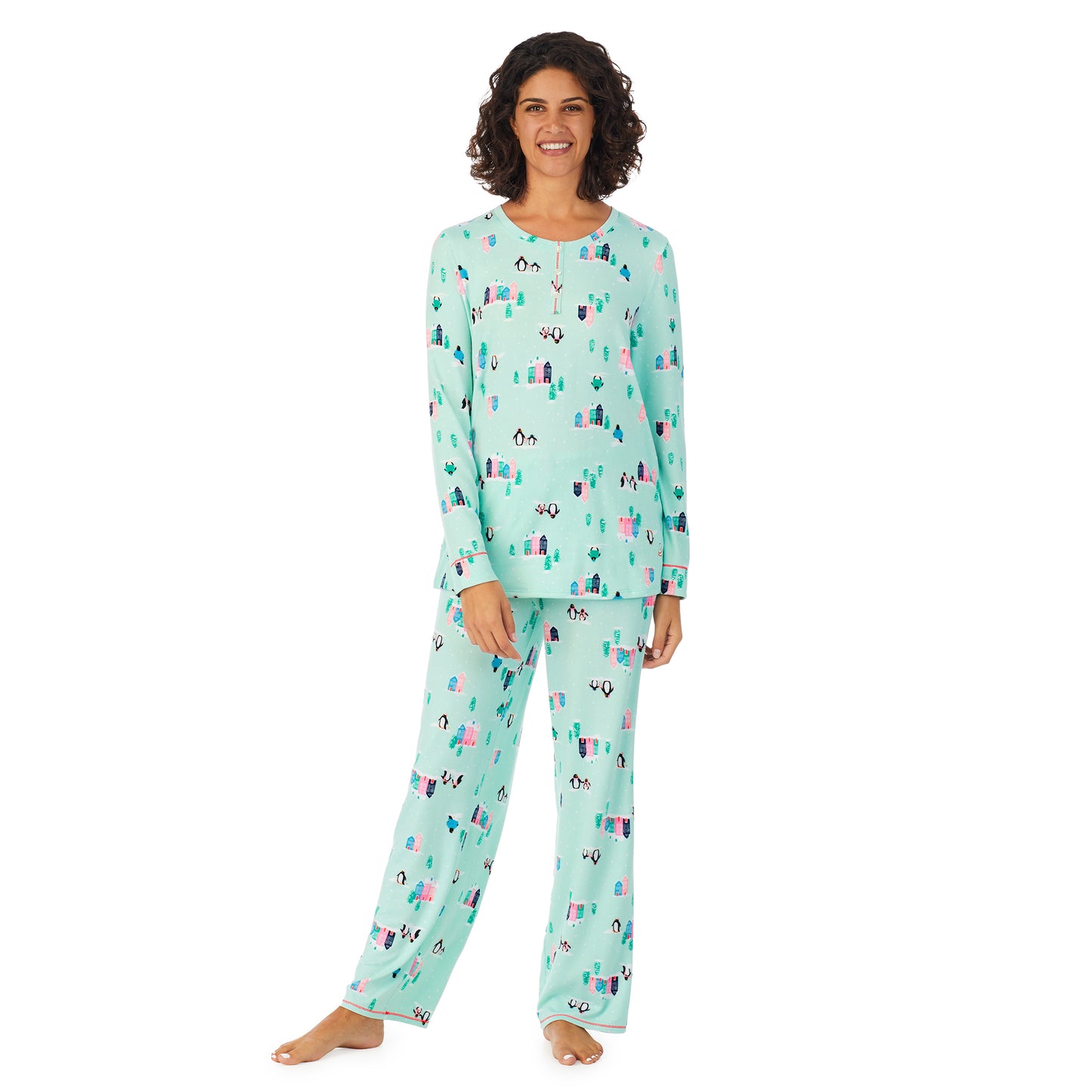 Teal Penguin; Model is wearing size S. She is 5’9”, Bust 32”, Waist 24”, Hips 34.5”. @A lady wearing a teal long sleeve pajama set with penguins pattern.