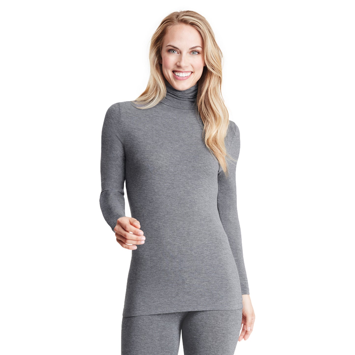 Charcoal Heather;Model is wearing size S. She is 5’9”, Bust 32”, Waist 25.5”, Hips 36”.@A lady wearing softwear with stretch long sleeve turtleneck