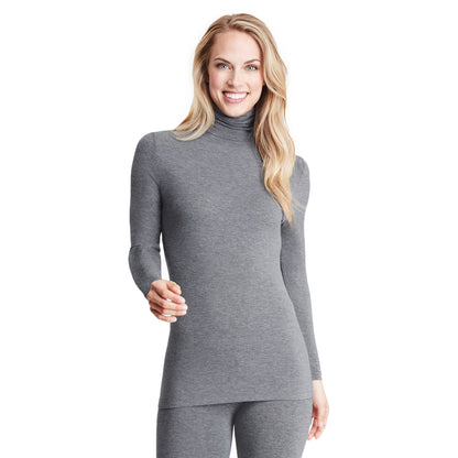 Charcoal Heather;Model is wearing size S. She is 5’9”, Bust 32”, Waist 25.5”, Hips 36”.@A lady wearing softwear with stretch long sleeve turtleneck