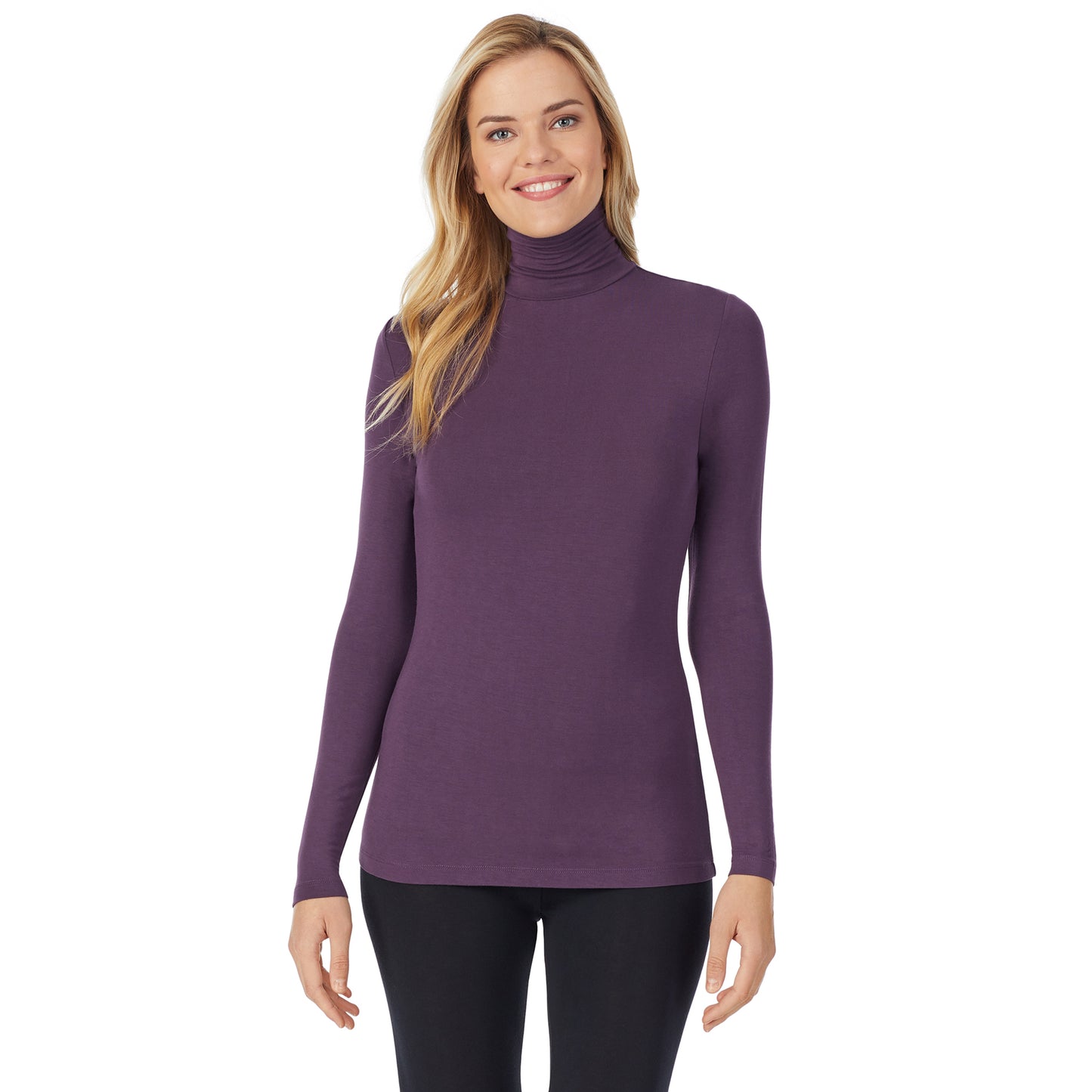 Boysenberry Purple;Model is wearing size S. She is 5’10”, Bust 34”, Waist 26", Hips 38”.@A lady wearing softwear with stretch long sleeve turtleneck