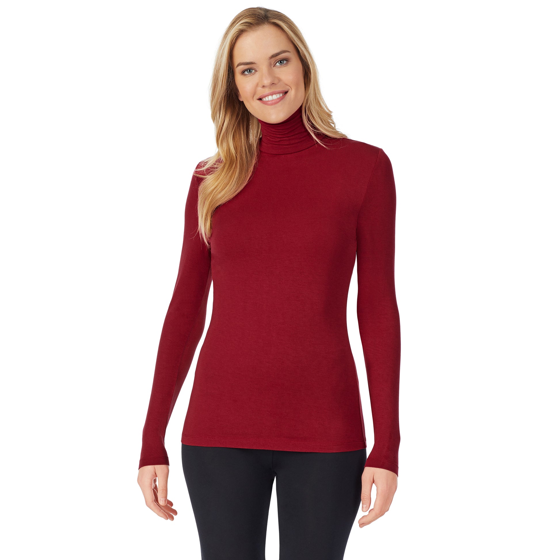 Deep Red;Model is wearing size S. She is 5’10”, Bust 34”, Waist 26", Hips 38”.@A lady wearing softwear with stretch long sleeve turtleneck