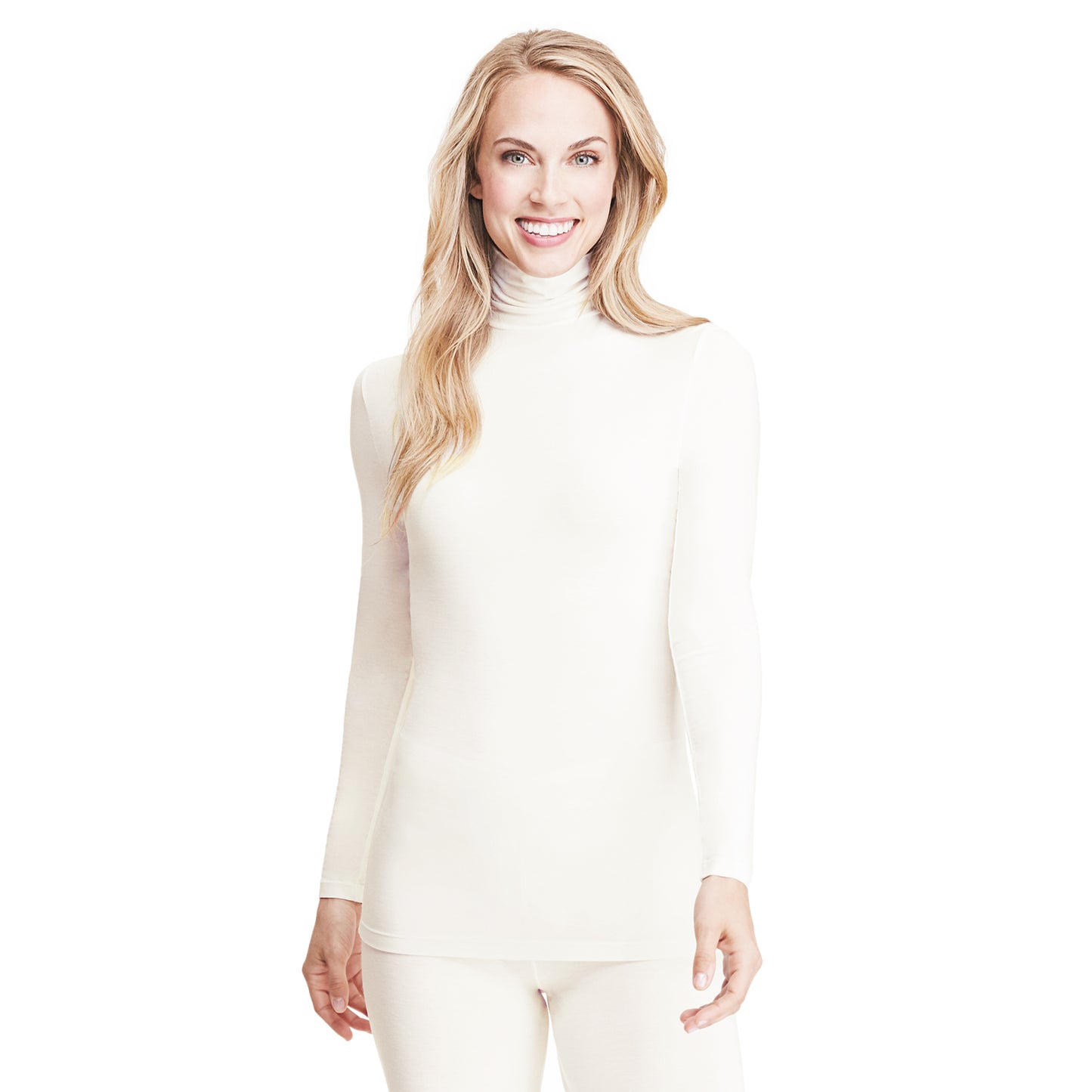 Ivory;Model is wearing size S. She is 5’9”, Bust 32”, Waist 25.5”, Hips 36”.@A lady wearing softwear with stretch long sleeve turtleneck