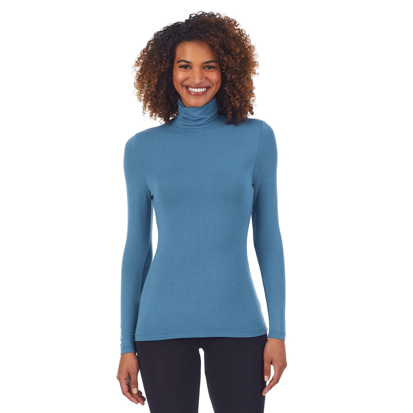 Vintage Blue;Model is wearing size S. She is 5'11", Bust 32", Waist 25", Hips 35.@A lady wearing softwear with stretch long sleeve turtleneck