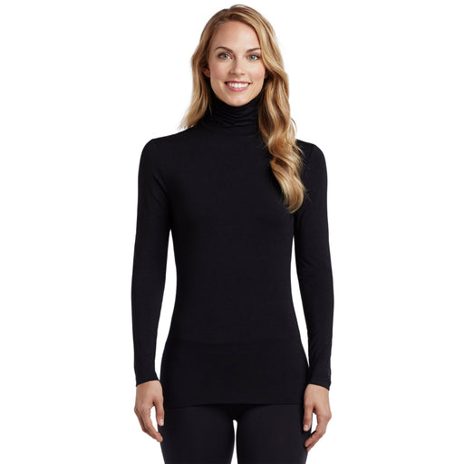 A lady wearing a black long sleeve stretch tutleneck t-shirt.