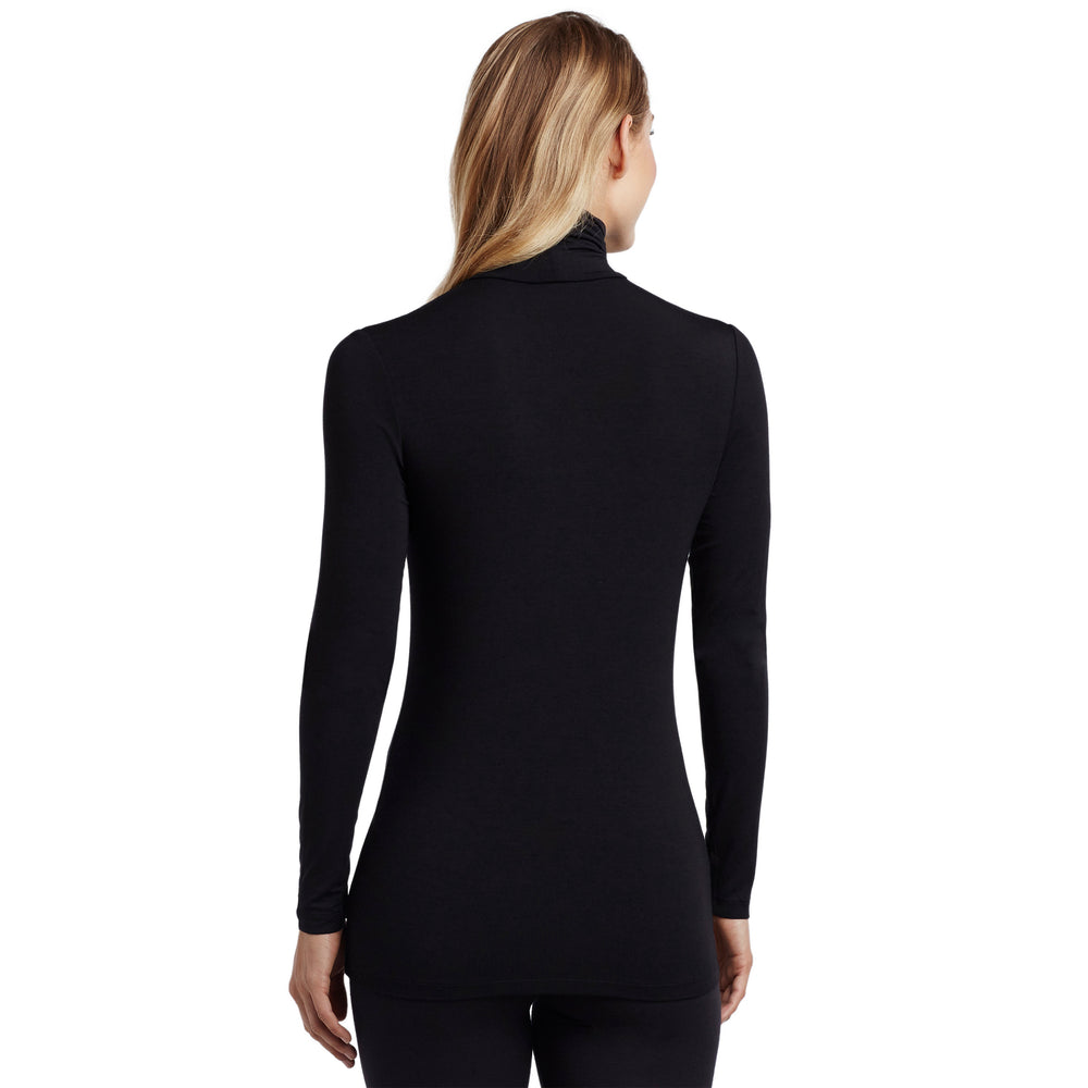 A lady wearing a black long sleeve stretch tutleneck t-shirt