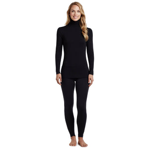 A lady wearing a black long sleeve stretch tutleneck t-shirt