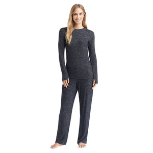 A lady wearing a marled dark charcoal  lounge pant.