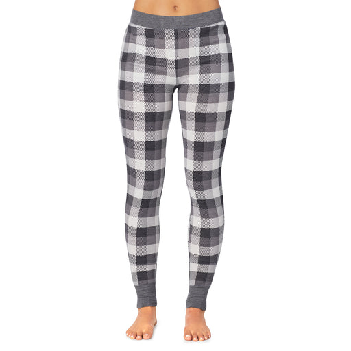 Grey Buffalo Check; Model is wearing size S. She is 5’9”, Bust 32”, Waist 25.5”, Hips 36”. @A lady wearing a grey buffalo check legging.