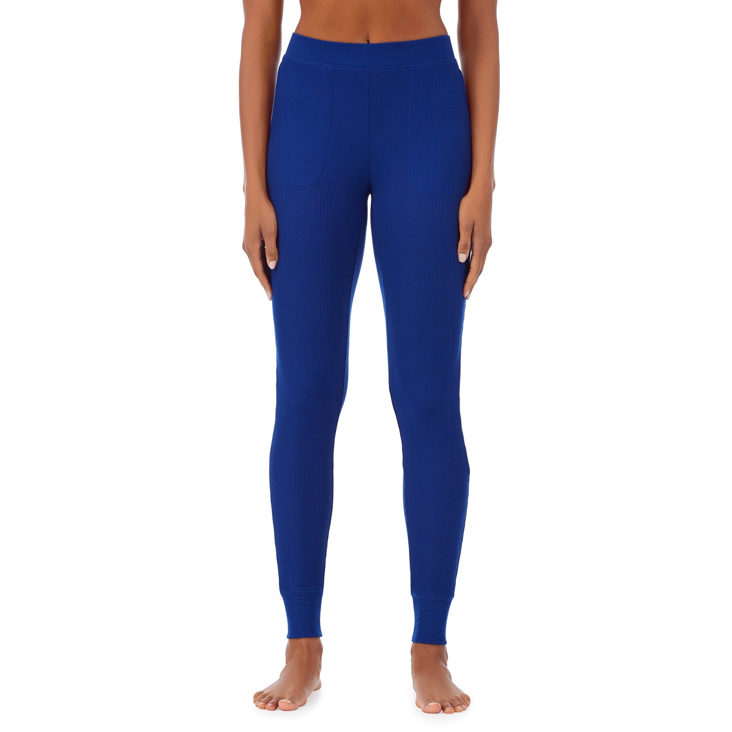Royal Blue; Model is wearing size S. She is 5’9”, Bust 32”, Waist 25.5”, Hips 36”. @A lady wearing a royal blue legging.