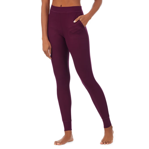 Grape; Model is wearing size S. She is 5’9”, Bust 32”, Waist 25.5”, Hips 36”. @A lady wearing a grape legging.