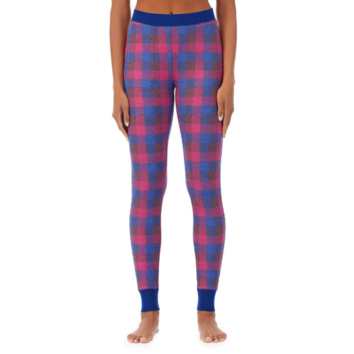 Grape Blue Buffalo Check; Model is wearing size S. She is 5’9”, Bust 32”, Waist 25.5”, Hips 36”. @A lady wearing a grape blue buffalo check legging.