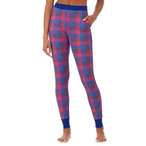 Grape Blue Buffalo Check; Model is wearing size S. She is 5’9”, Bust 32”, Waist 25.5”, Hips 36”. @A lady wearing a grape blue buffalo check legging.