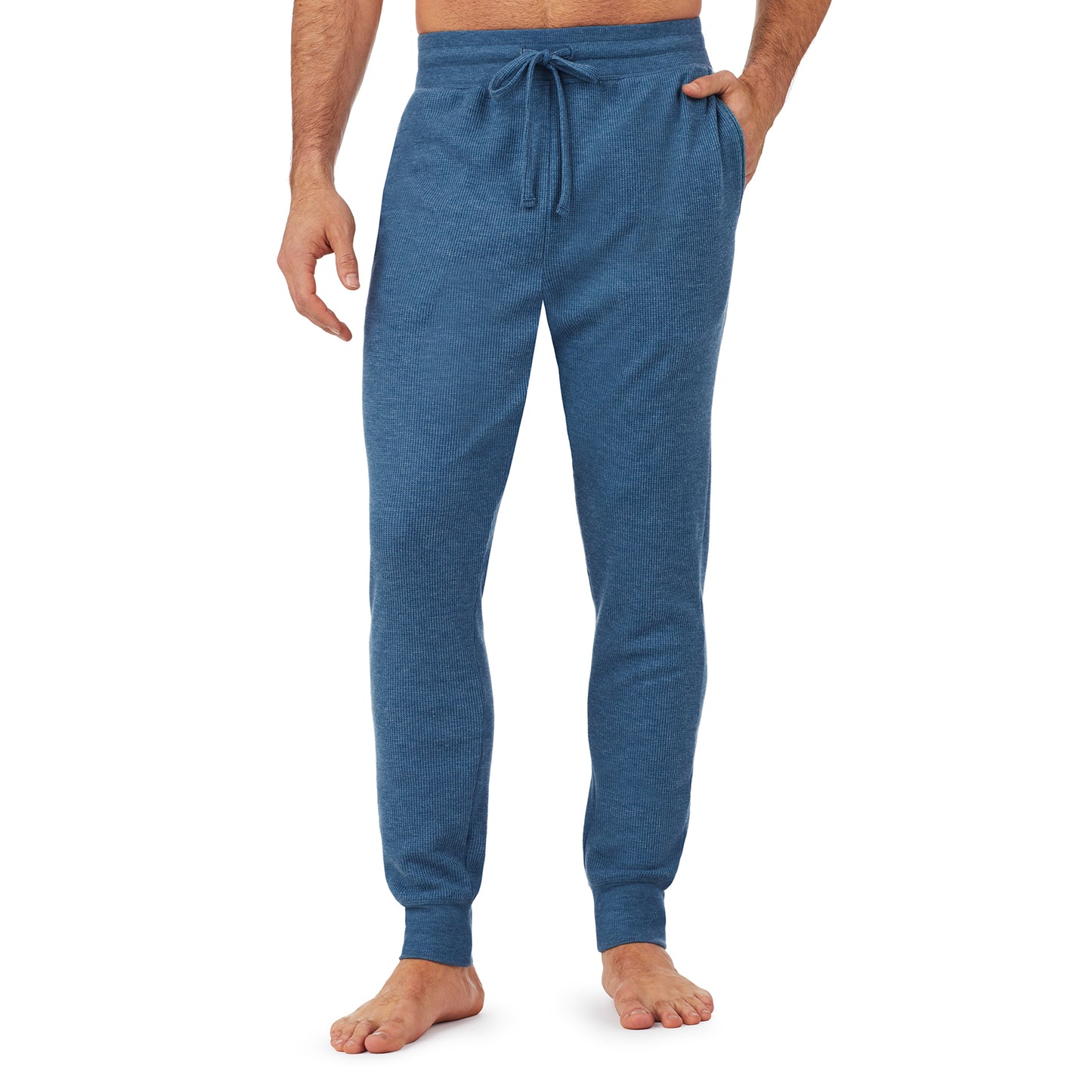 Blue Heather; Model is wearing size M. He is 6'1", Waist 31", Inseam 33". @A man wearing a blue heather waffle thermal relaxed jogger pant.