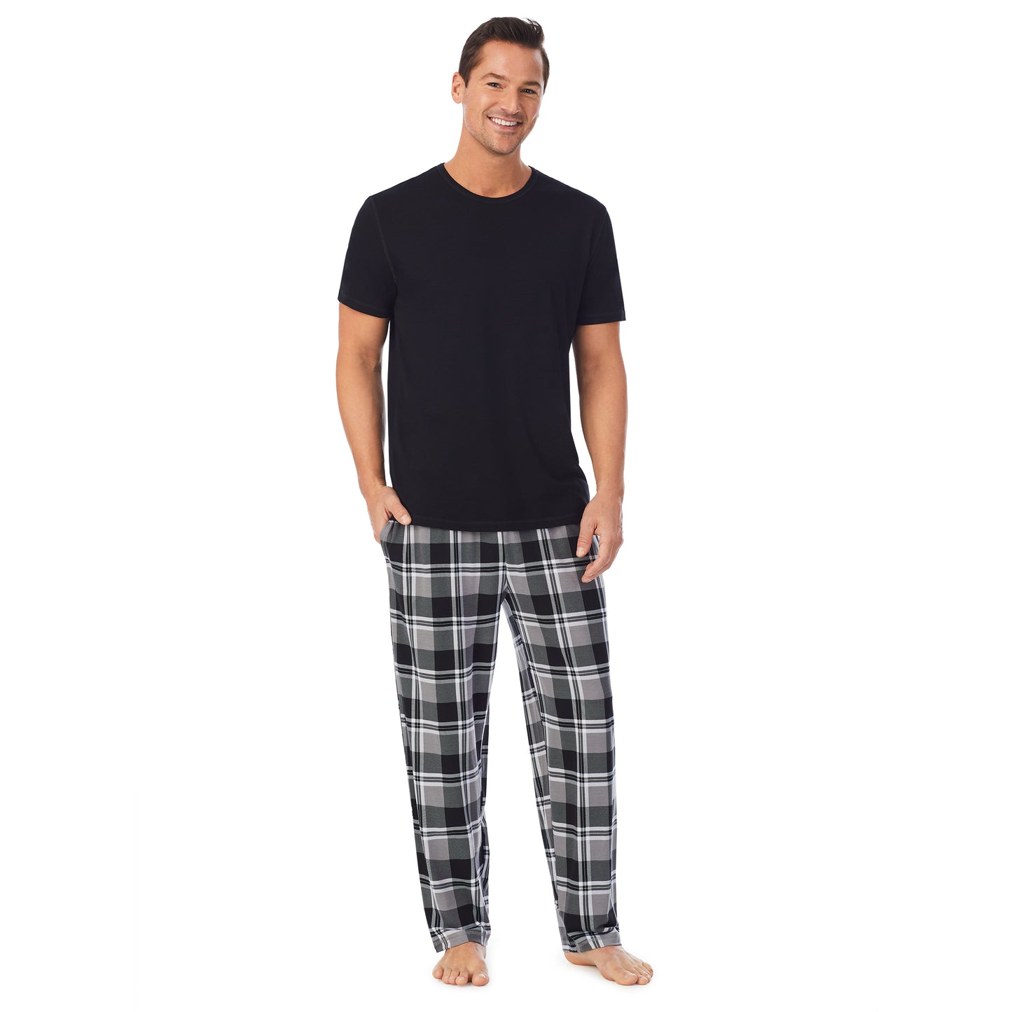 Red Plaid;Model is wearing size M. He is 6'2", Waist 32", Inseam 32".@ A lady wearingMens Short Sleeve Crew Neck Top and Pant Pajama Set with Red Plaid print